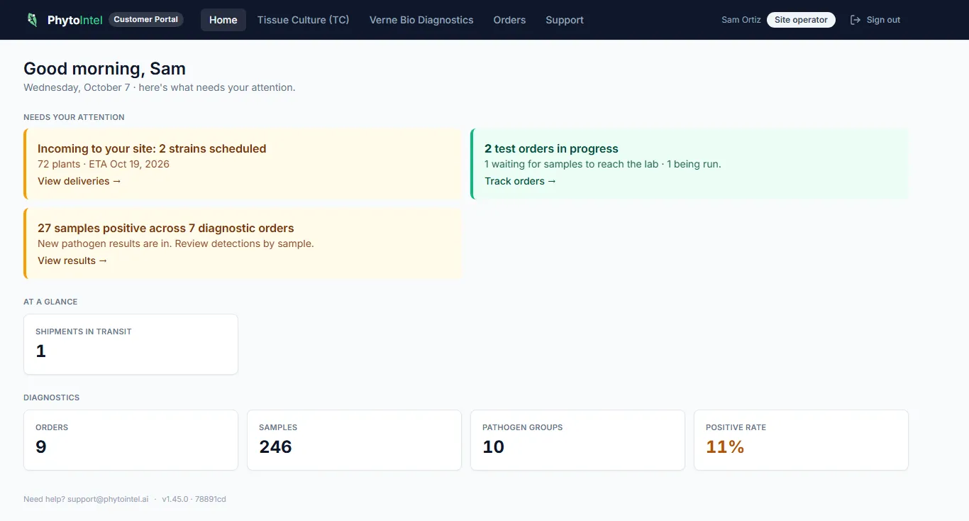 Customer portal home for a site operator: incoming deliveries, test orders in progress, new pathogen results